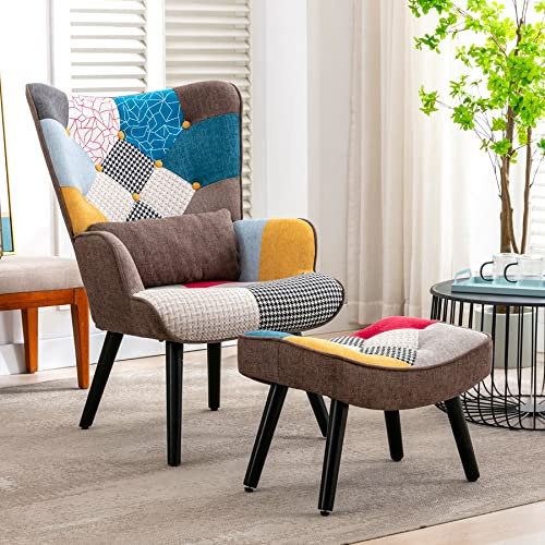 Fauteuil Salon Patchwork avec Repose Pieds en Tissu Lin Multicouleur, Fauteuil Scandinave en Bois Massif avec Support Lombaire, Fauteuil d'appoint Confortable, Imitation Lin