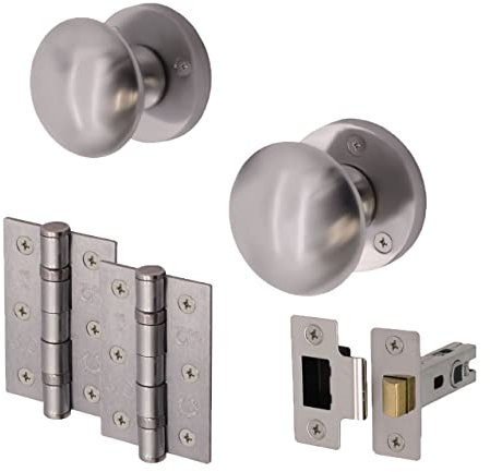 EAI Satin Door Knob Set - 1 Pair of Satin Chrome Victorian Mortice Knobs (55mm), Latch (76mm) & Hinges (76mm) for Internal Doors