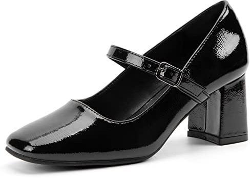 Greatonu Womens Chunky Low Block Heels Mary Jane Shoes Faux Patent Leather Ankle Strap Square Toe Retro Court Shoes Office Party Wedding Dress Shoes