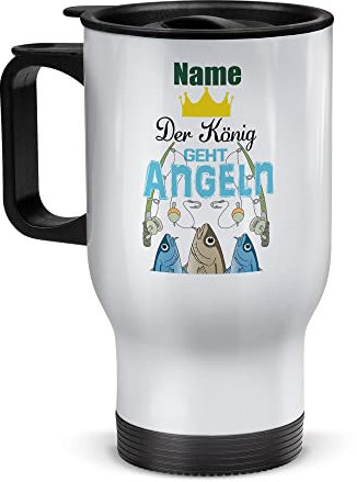 Tassendruck Edelstahl-Thermobecher selbst gestalten mit Name - Der König geht Angeln - Coffee to Go Becher, Reisebecher, Geschenke für Angler, Petri Heil | Personalisiertes Geschenk, Weiß, 390 ml