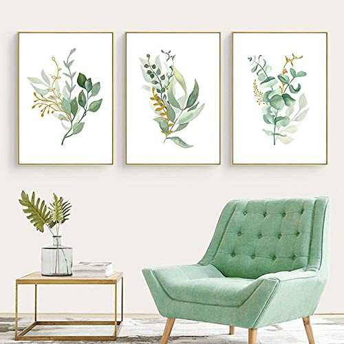 HTWLMM Grüne Pflanzen Blätter Aquarell Botanischer Leinwandbilder Poster Kunstdruck Gemälde Für Schlafzimmer Wohnzimmer Wohnung Dekor Rahmenlos (Bilder A,3X30X40CM)