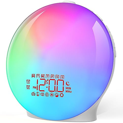 Tageslichtwecker Lichtwecker Wake up Light Sonnenaufgang Sonnenuntergang Simulation Wecker Radio 7 Naturgeräusche 2 Alarmen Snooze 7 Farblicht Helligkeit Nachttischlampe (Weiß)