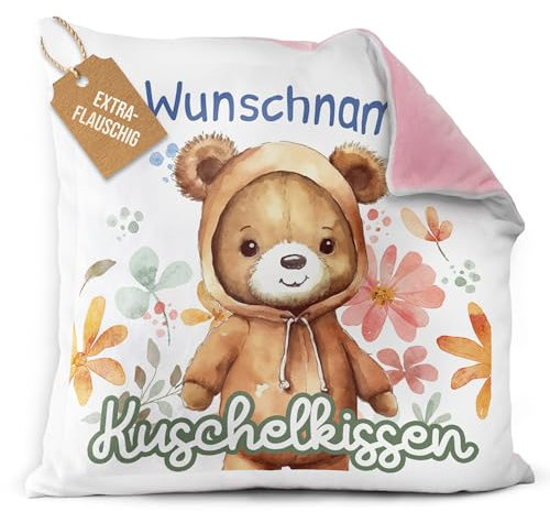 PR Print Royal Flauschiges Kuschel-Kissen für Kinder mit Füllung mit Name selbst gestalten - Bär Kissen für Mädchen und Jungs, Kinderkissen mit Name | 40 x 40 cm, Rückseite Rosa Flauschig