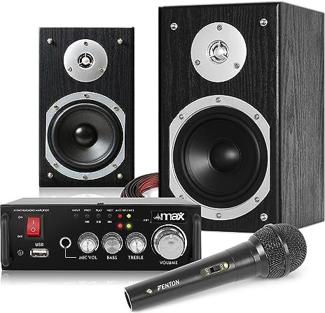 Fenton SHFB55B Home Karaoke Speaker System with Amplifier, Bluetooth, MP3 Multimedia Playback & Wired Microphone - Complete Hi-Fi Audio Set for Parties & Home Entertainment