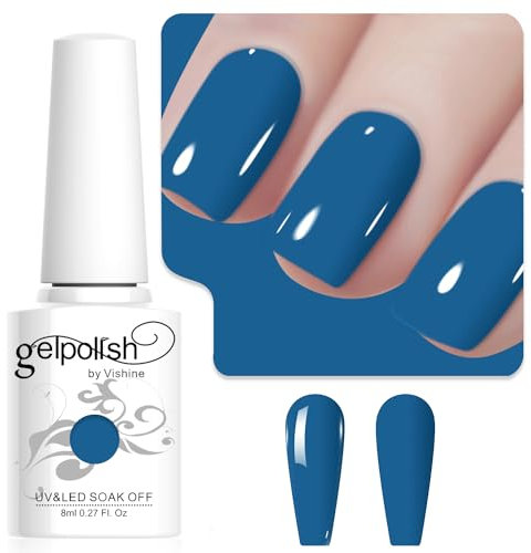Vishine Teal Blue Gel Nail Polish, 8ml Teal Blue High Gloss Soak Off U V Gel Nail Polish for French Nail Manicure Salon DIY L246