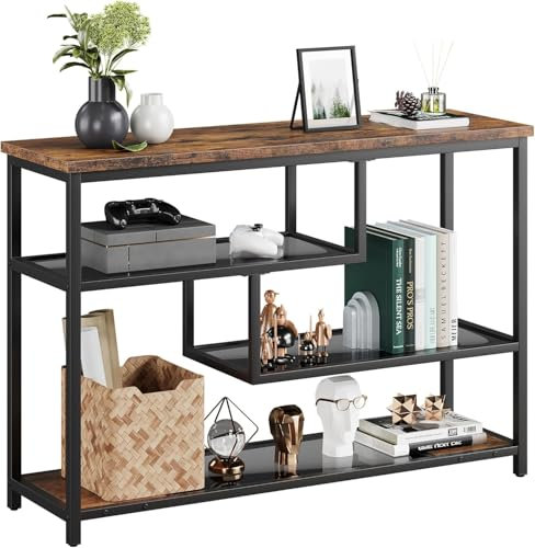 Table console à 4 niveaux avec compartiments ouverts - Table d'entrée étroite avec étagères en verre et cadre en métal - Table de couloir industrielle pour salon, foyer, chambre à coucher - 100 x 30 x