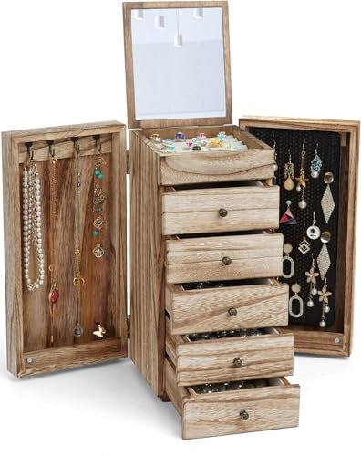 AFAjwsc Jewellery Box for Women, 6-Layer Wooden Jewelry Boxes & Organisers for Women with Removable Drawers and Mirror, for Necklaces Earrings Rings Bracelets