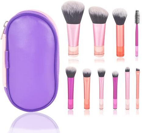 AWAVM 10Pièces pinceaux de maquillage de voyage et trousse de maquillage,pinceaux de maquillage professionnels de voyage,Mini l'ensemble de maquillage pour le visage et les yeux (Couleur rose)