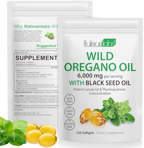 Huile d'origan 2 en 1 6000 mg avec huile de cumin 200 mg d'huile de nigelle, JCZQDRPC Capsules d'huile d'origan, Huile d'Origan 120 Gélules, Pressé à froid | Soutien du système immunitaire