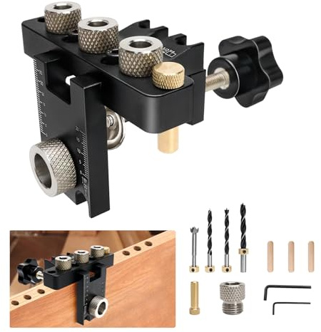 Bohrschablone Möbelbau 3 in 1, 8/10/15mm Bohrhilfe für Die Holzbearbeitung | Exakte Dübellöchre mit Positionierungsclip | Einstellbare Taschenloch Holzdübel Bohrlehre Set für Tischlerwerkzeuge
