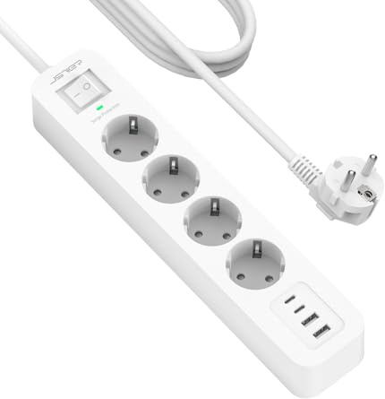 JSVER Steckdosenleiste 4 Fach mit 4 USB Ladeanschlüsse, Mehrfachsteckdose Überspannungsschutz mit USB C, Wandmontage(3680W 16A) Steckerleiste mit 4M Kabel für Smartphones, Laptop -Weiß