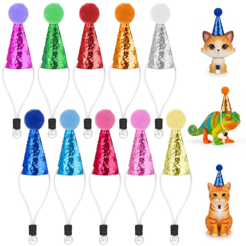10 Stück Partyhüte für Kuscheltiere Mini Partyhüten mit Pompon und Glitzerdetails Bunt Party Kegel Hat Kleine Partyhut mit Verstellbarem Riemen Tiere Geburtstagshut für Kuscheltiere,Kleine Haustier