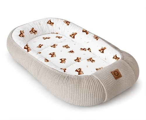 Babynestchen Neugeborene – Nestchen Baby aus Waffel Baumwolle & Baumwollstoff – Babynest für Babybett & Kinderbett – Baby Kokon Tragbar – OEKO-TEX zertifiziert – Zubehör für Babybett - Bärli und Sand