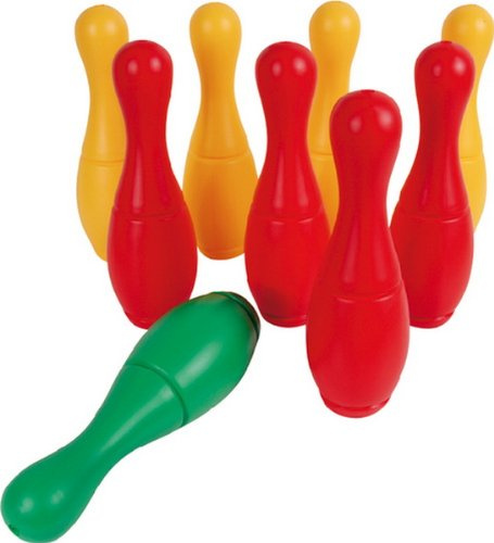 VEDES Großhandel GmbH - Ware Kegelspiel mit Halterung, 9 Kegel, 2 Bälle, mit Wasser oder Sand befüllbar, 26cm