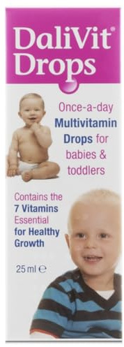 Dalivit Multivitamin Drops – Vitamins Suitable for Babies Toddlers & Children Aged 6 Weeks+ – Daily Essentials a Baby or Infant – Vegan Formula with A, D2, B1, B2, B3, B6, & C Combination (25ml)