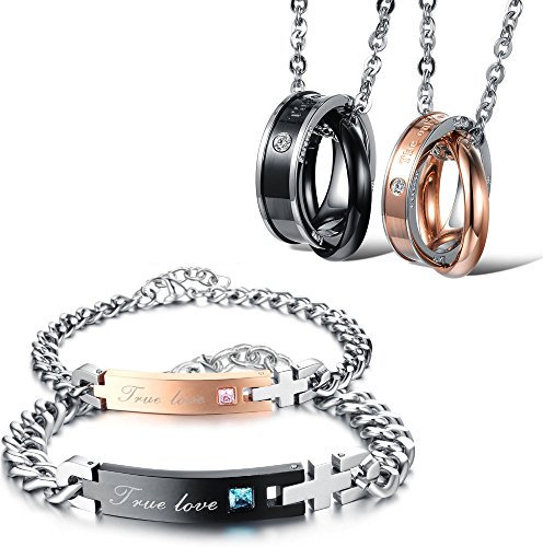 Kim Johanson Edelstahl Pärchen Schmuckset Armbänder & Ketten Closeness für verliebte Roségold & Schwarz mit Cubic Zirkonia inkl. Schmuckbeutel