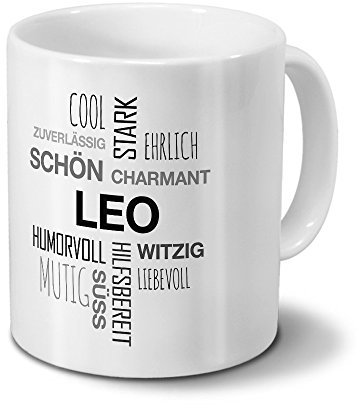 printplanet Tasse mit Namen Leo Positive Eigenschaften Tagcloud - Schwarz - Namenstasse, Kaffeebecher, Mug, Becher, Kaffeetasse