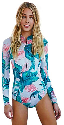 Beachkini Moderner Atmungsaktiver Damen-Badeanzug mit Langarm,Bedruckte Badeanzüge,Für Surf und Schwimmen,Blau,L
