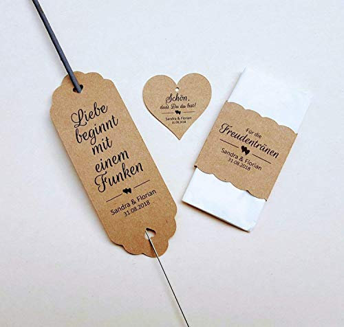 10-teiliges Hochzeitsset – Wunderkerzenhalter, Freudentränen-Banderolen & Geschenkanhänger – personalisiert – Kraftpapier oder Farbwahl – Gastgeschenke Hochzeit