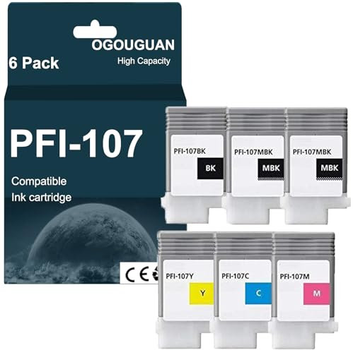 Karl Aiken 6X (2 Noir Mat,1 Photo Noir,1 Cyan,1 Magenta,1 Jaune) PFI-107 130ML Cartouches d'encre Compatible avec Canon IPF-670 IPF-680 IPF-685 IPF-770 IPF-780 Imprimant