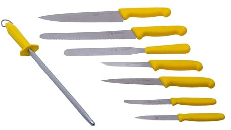 THE SMITHFIELD 8-Piece Professional Chef Knife Set with Canvas Roll-Up Wallet – Stainless Steel Blades, Durable Polypropylene Handles – Perfect for Culinary Students, Beginner Chefs – Yellow Handle