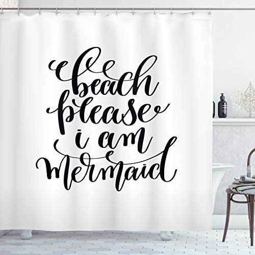 ABAKUHAUS Ich bin Mermaid Duschvorhang, Kühle Schrift Mermaid Theme, Stoffliches Gewebe Badezimmerdekorationsset mit Haken, 175 x 180 cm, Weiß Schwarz