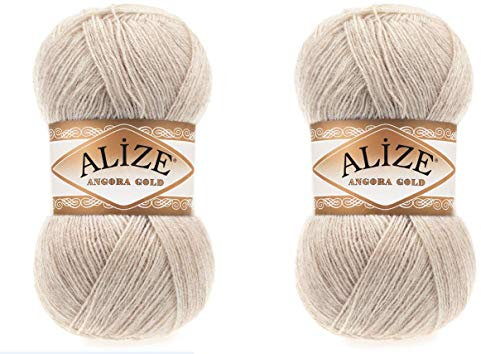 Alize Angora Gold Garn, 20% Wolle, 80% Acryl, weiches Garn, Häkeln, Lot von 2 Stück, 200 g, 1204 Yds Lace-Handstrickgarn, türkisches Garn (152 Beige Melange)