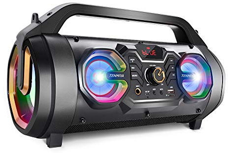 Bluetooth Speaker, 30W Wireless Portable Speakers with Subwoofer, FM Radio, Colorful Lights. Outdoor Boombox Support USB/AUX/TF Card/Microphone Jack/Remote Control for Home, Party, Camping, Travel
