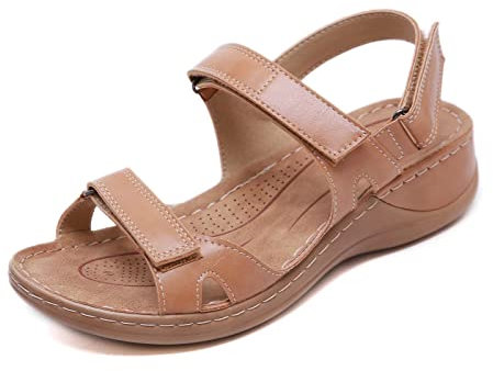 SWZEC Sandales Femme Été Confortable Talon Compensées Nu-Pieds Mode Chaussure Orthopédique Bout Ouverte Casual Cuir PU Grande Taille Claquettes Plats Scratch Plage Vacances Marron 39