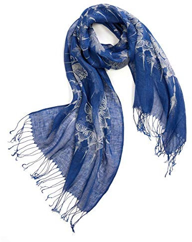 Prettystern Tie-Dye Batik-Druck blau Farbverlauf 100% Leinen-Tuch Sommer Langer Damen Schal T66 Schmetterling
