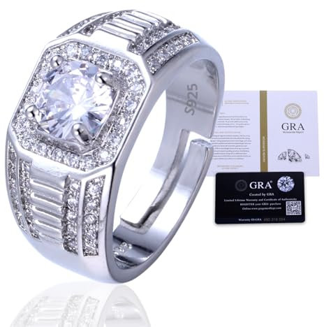 Halukakah Herren Moissanite Ring 925er Sterlingsilber mit 1 Karat Diamant und Zertifikat,2,0ct Luxusschmuck für Verlobungen,Verstellbare Größe,Edler Luxus,für Ehemann,Freund,Jubiläum,Hochzeit
