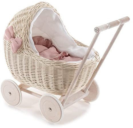 e-wicker24 DESAYER PUPPENWAGEN AUS WEIDE MIT LEINEN BETTWÄSCHE, Spielzeug AUS WEIDEN IN BEIGE, NATÜRLICHE KINDERSPIELZEUG, EIN Geschenk FUR EIN Kind (rosa), 48x28 H47