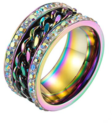 PAMTIER Herren Edelstahlkette Drehbarer Ring Mit Zirkonia Chunky Cool Trendy Statement Ehering Regenbogen Größe 68