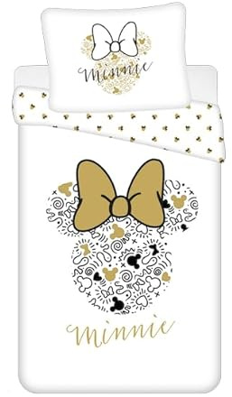 Disney Kinder Wendebettwäsche Minnie Maus, Goldene Haarschleife, Bettdecke 140 x 200 cm und Kopfkissen 70 x 90 cm 100% Baumwolle, Reißverschluss