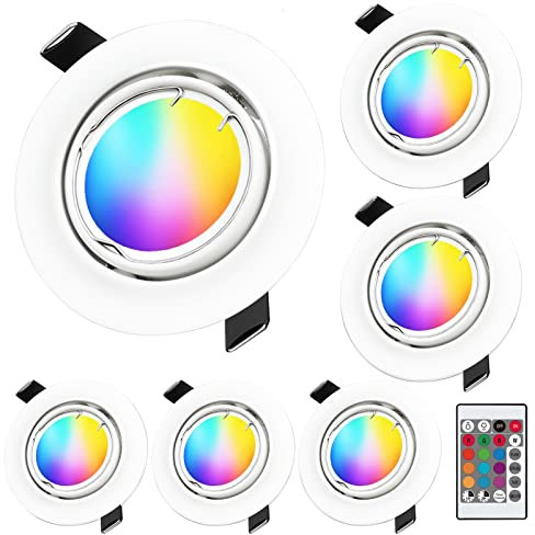 KYOTECH LED Einbaustrahler RGB +Warmweiss 3000K Schwenkbar 230V 5W Einbauleuchten Ultra Flach Lochmass φ68-80mm Weiß Einbauspot Farbwechsel Dimmbar mit Fernbedienung 400LM Deckenspots 6er Set