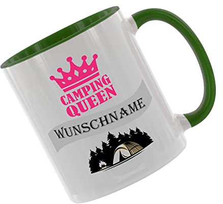 Crealuxe Kaffeetasse - Camping - Queen (Wunschname) -Spruchtasse, Bürotasse, bedruckte Keramiktasse, Tasse mit Spruch, Hochwertige Kaffeetasse (Grün)