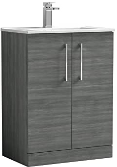 nuie ARN503B Arno Modern Bathroom Floor Standing 2 Door Vanity Unit with Minimalist Ceramic Basin, 600mm, Woodgrain Anthracite