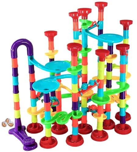 The Magic Toy Shop 197 Piece Marble Run Game Toy Set - Colourful 3D Maze Track Construction Kit with Glass Marbles - Educational STEM Building Blocks Race for Kids Boys & Girls Age 3+