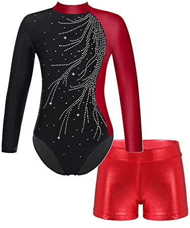 iEFiEL 2PCS Mädchen Glitzer Turnanzug Leotard mit Strasssteine Gymnastik Anzug Langarm Ballett Trikot Kleidung Tanzkostüm Set Ue Rot 146-152