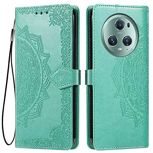HONLEN Hülle für Honor Magic5 Pro 5G Handyhülle, (6.81 Inches) Premium PU Leder Wallet Magnetverschluss Flip Case mit 3 Kartenfach,Mandala Muster Case Grün