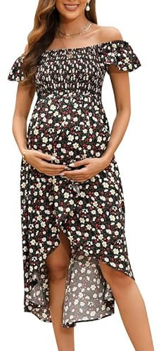 Clearlove Robe de maternité d'été à manches courtes pour femme - Robe d'allaitement - Imprimé décontracté - Robe de grossesse, Noir , XXL