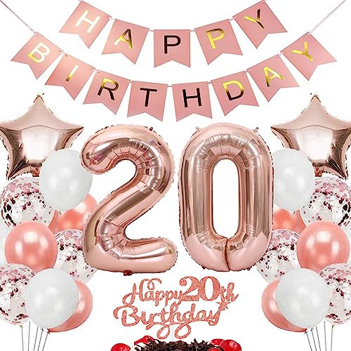 Feelairy Geburtstagsdeko 20 Jahre Mädchen, Rosegold Luftballon 20. Geburtstag Deko Mädchen, Tortendeko Happy 20th Birthday Deko 20 Jahre Mädchen, Ballon 20. Geburtstag Kinder Party Dekoration Set