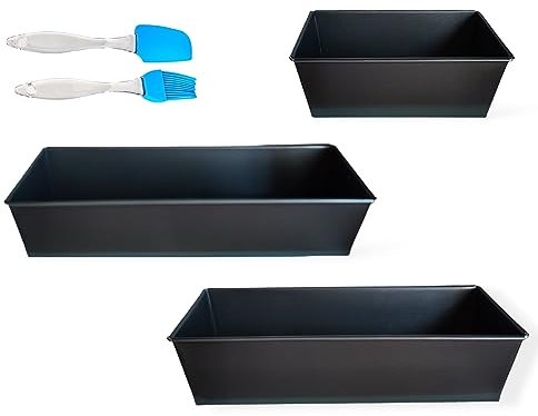 Pack 3 Molde De Pan .Molde De Bizcocho Largo Rectangular + Brocha y Espátula de Silicona. Molde De Pan con Recubrimiento Antiadherente. Pan De Molde. Molde De Horno Reposteria De 35 cm, 30 cm, 20cm.