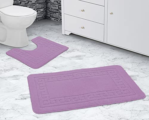 La Maison Bathroom Rug Set 2 Piece Greek Key Scroll Non Slip Bath Mat and Pedestal Mat Set Quick Dry Shower Bath Super Soft Toilet Mat Set (Lavender)
