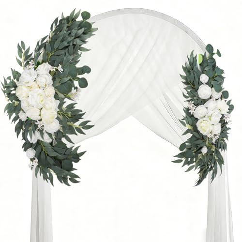 Noamus 2 Pieces Wedding Arch Flowers, Artificial Flower Arrangement with Green Leaves, 2 Feet, Rustic White Rose, Decor for Reception, Background, Table, Header, Welcome Sign, Decorations