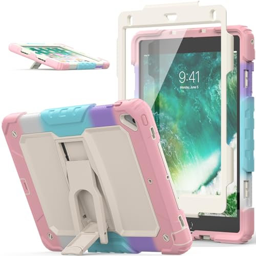 SEYMAC Stock Case for iPad 6th/5th Gen, Air 2, Pro 9.7 inch - 3-Layer Full Body Shockproof Case with Folding Stand/Screen Protector, Drop-Proof for iPad 9.7 inch, Pink