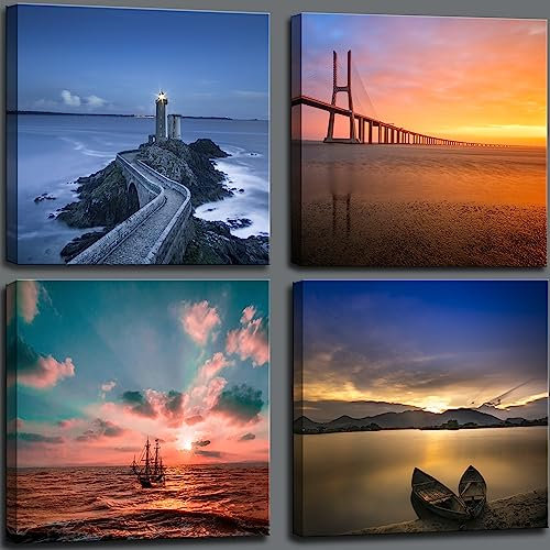 Kunstdruck auf Leinwand, Motiv: Sonnenuntergang, großer Strand, Naturlandschaft, Bilder, Brücke, Kunstwerk, Poster, Drucke, Leuchtturm, Gemälde, Wanddekoration für Schlafzimmer, Wohnzimmer, Büro,