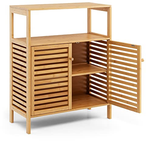 LIFEZEAL Meuble de Rangement sur Pied en Bambou, Placard de Rangement avec 4 Etagères et Portes à Double Persienne, Armoire de Salle de Bain 64 x 27,5 x 80 CM, Naturel