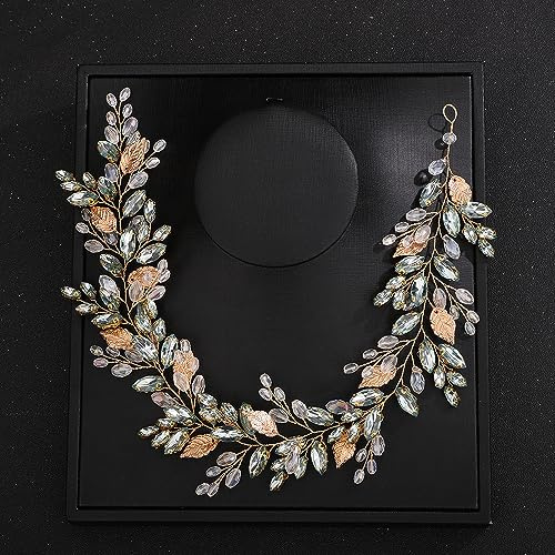 Deniferymakeup Rhinestone Bridal Hair Vine Crystal Wedding Headband Rhinestone Bride Headpiece Leaf Hair Accessories for Women and Girls (Mint Green)