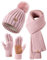 FISFET Mütze, Schal & Handschuh-Sets für Damen, Beanie Winter Mit Bommel Fleece Gefütterte, Touchscreen Handschuhe Schal Wärmer 3 in 1 Geschenk Set (Rosa)